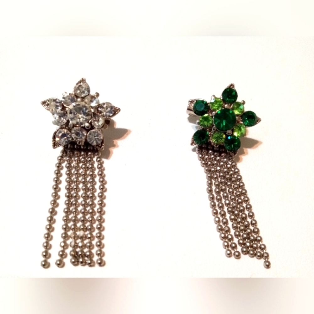 Shooting‎ Stars Scatter Pins Silver Tone w/Green & Clear Rhinestones